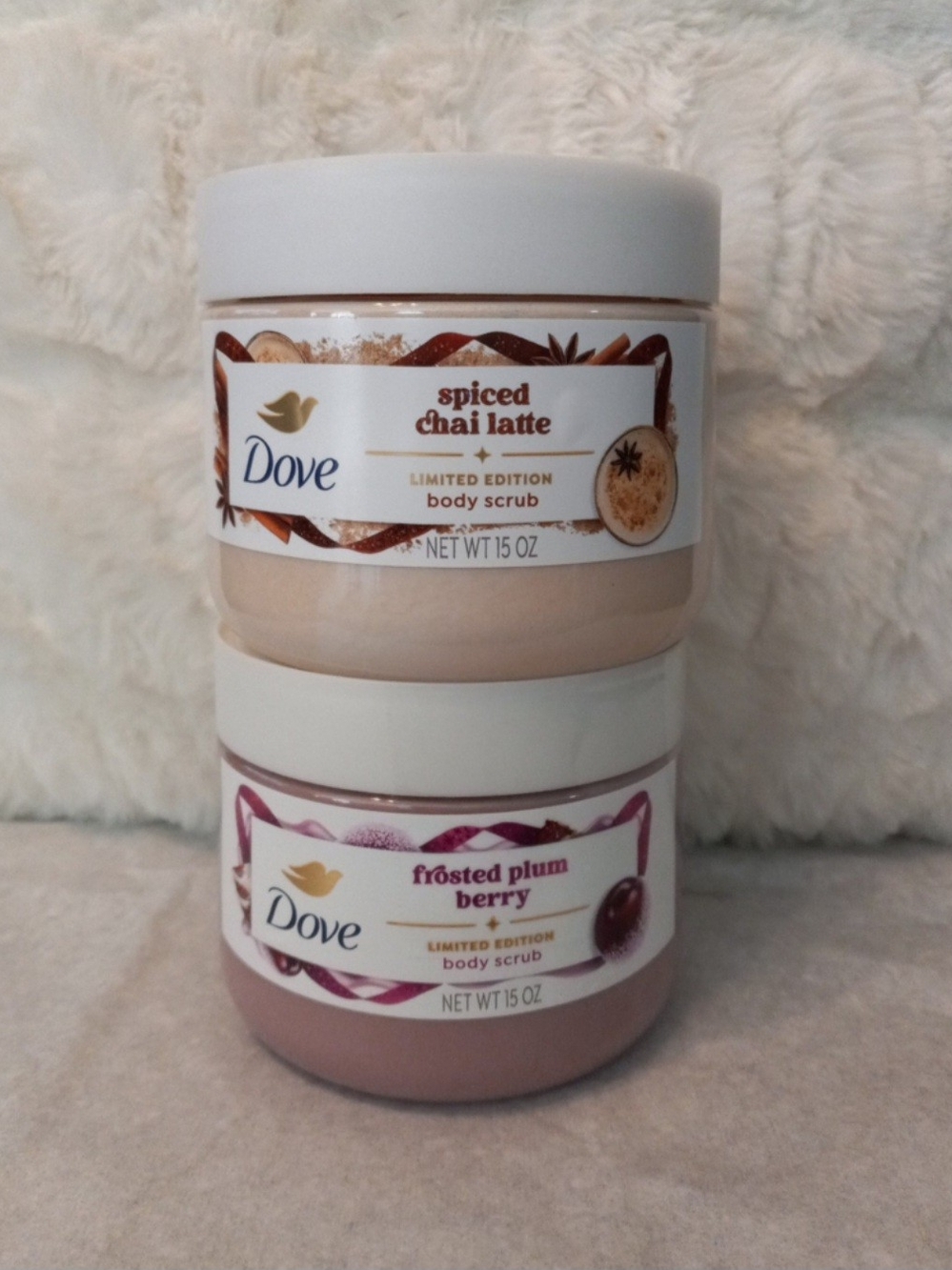 Dove Spiced Chai Latte & Frosted Plum Berry Body Scrub Set - Cream & Plum
